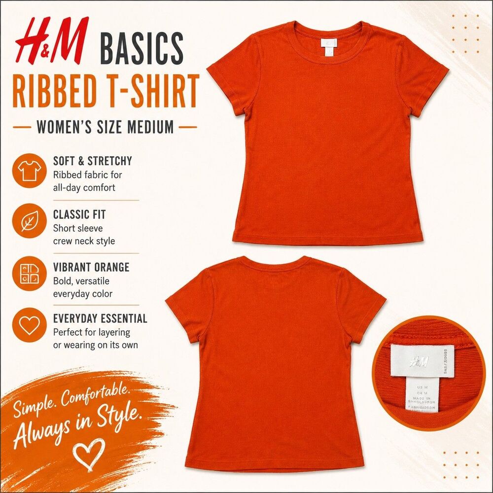 H&M Basics Orange Ribbed Short Sleeve T-Shirt Women's Size Medium